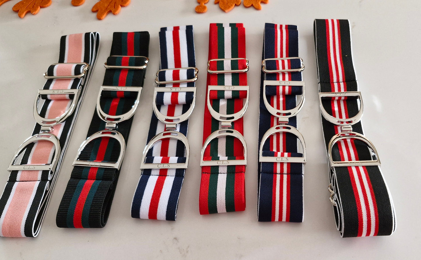 CLS Silver Stirrup Elastic Belt 1.5" Black with Green & Red Stripe