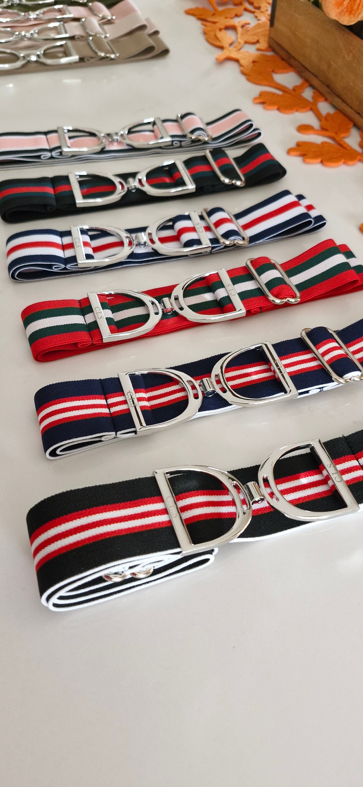 CLS Silver Stirrup Elastic Belt 1.5" Red with Green & White Stripe