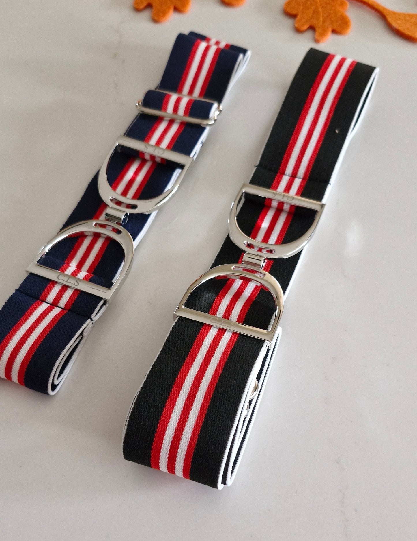 CLS Silver Stirrup Elastic Belt 1.5" Navy with Triple Red Stripe