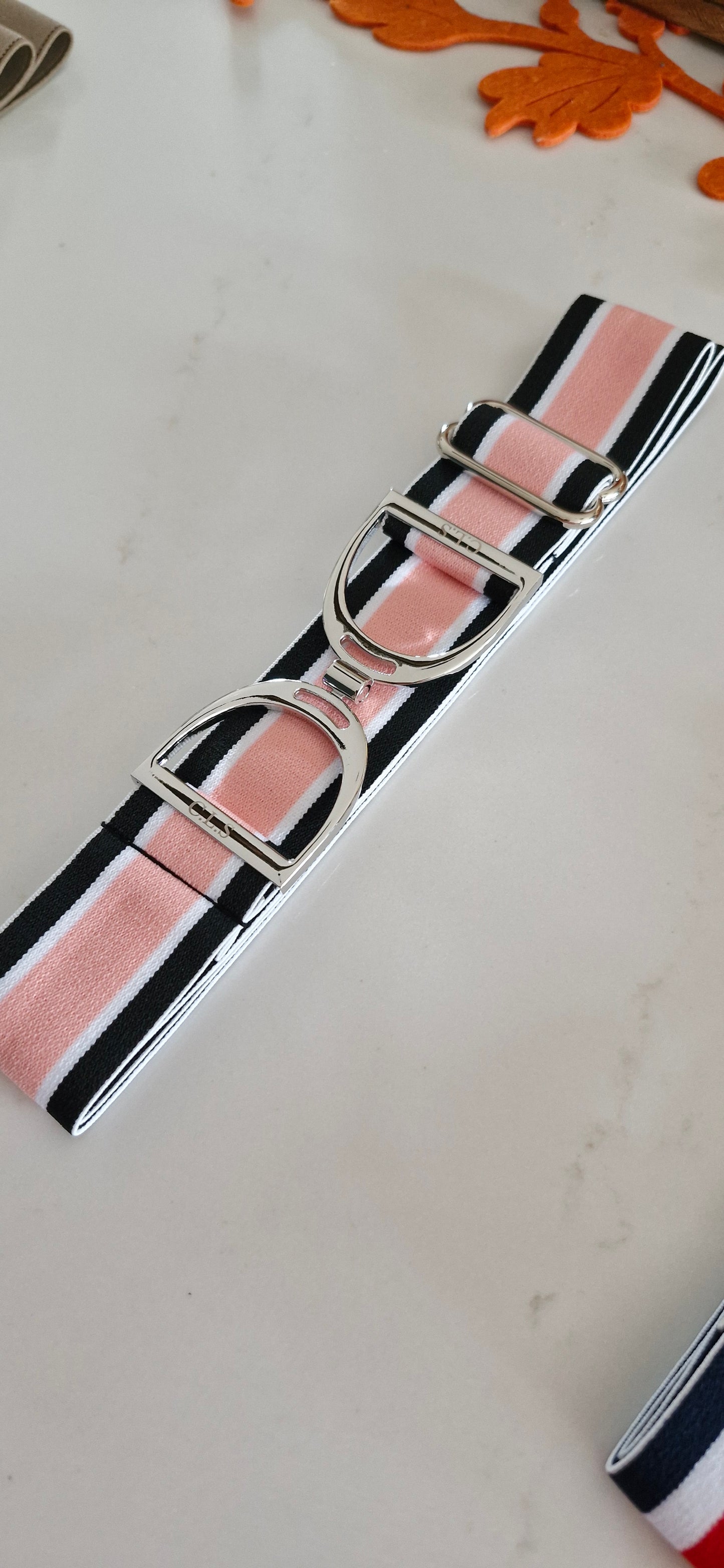 CLS Silver Stirrup Elastic Belt 1.5" Pink & Black Stripe