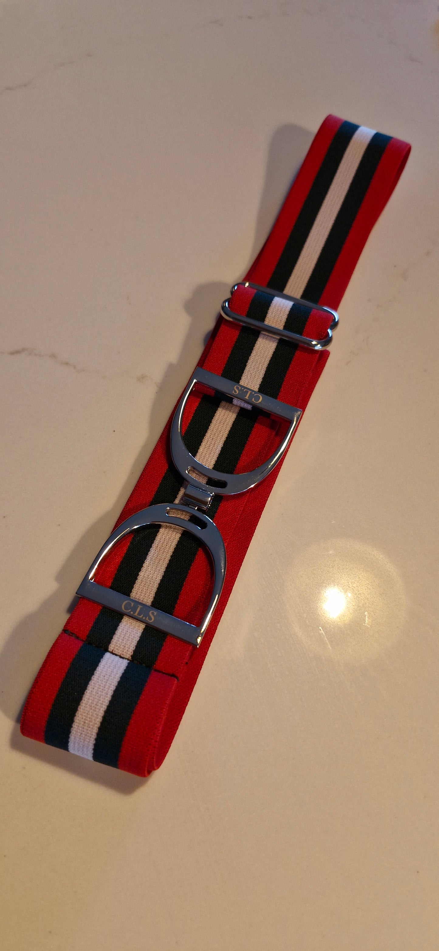 CLS Silver Stirrup Elastic Belt 1.5" Red with Green & White Stripe