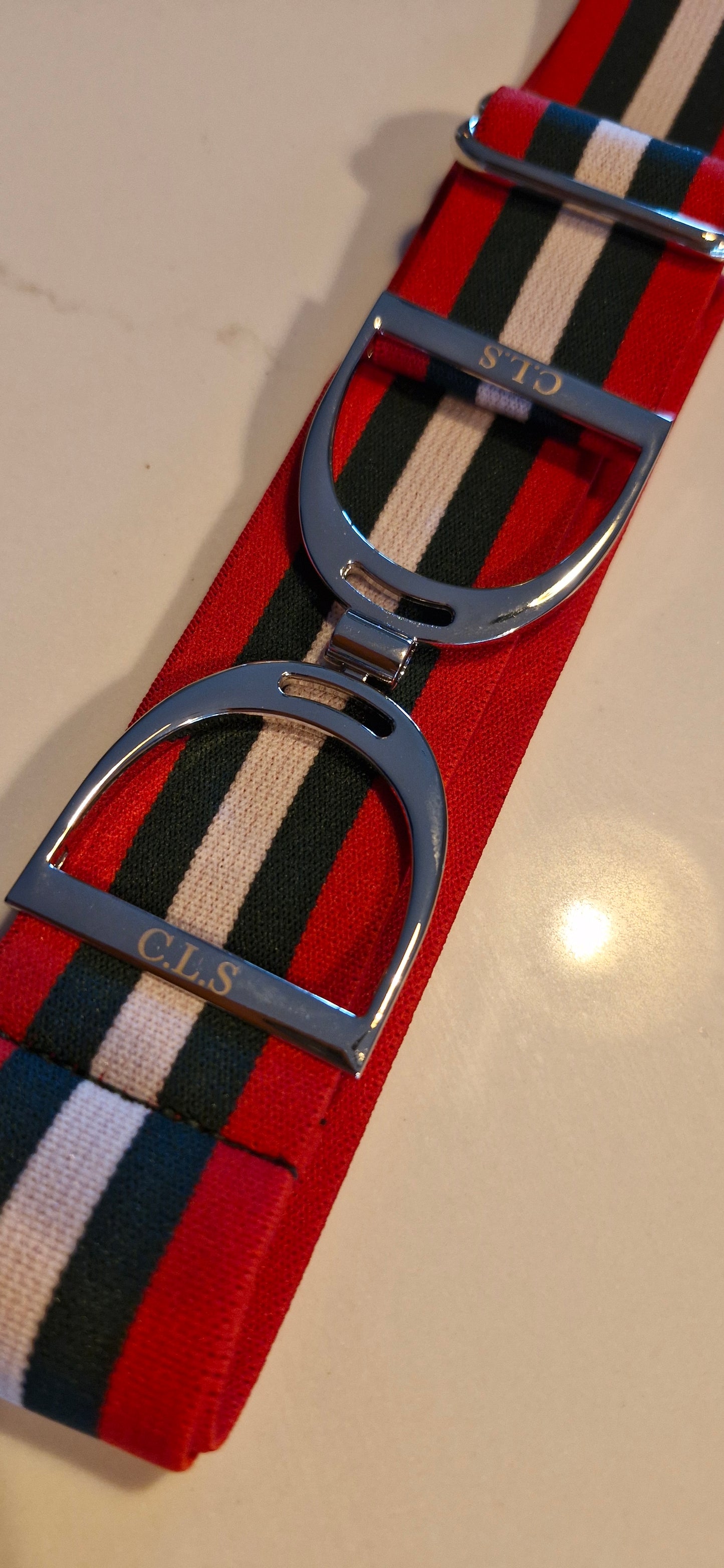CLS Silver Stirrup Elastic Belt 1.5" Red with Green & White Stripe