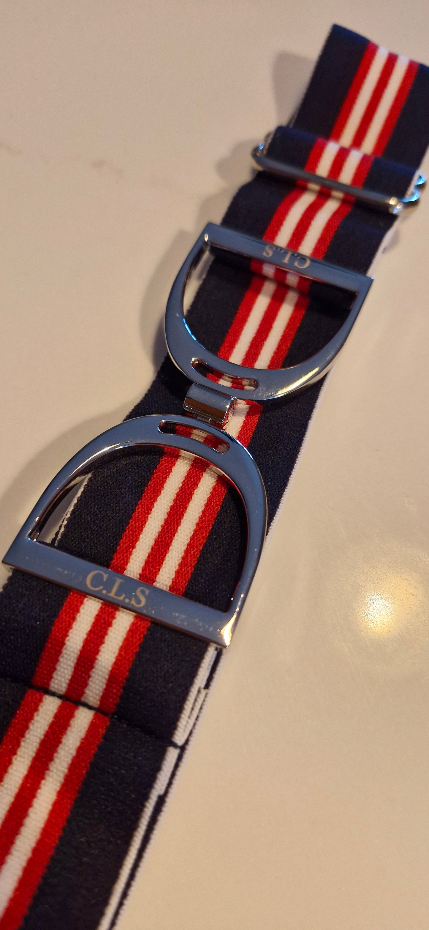 CLS Silver Stirrup Elastic Belt 1.5" Navy with Triple Red Stripe