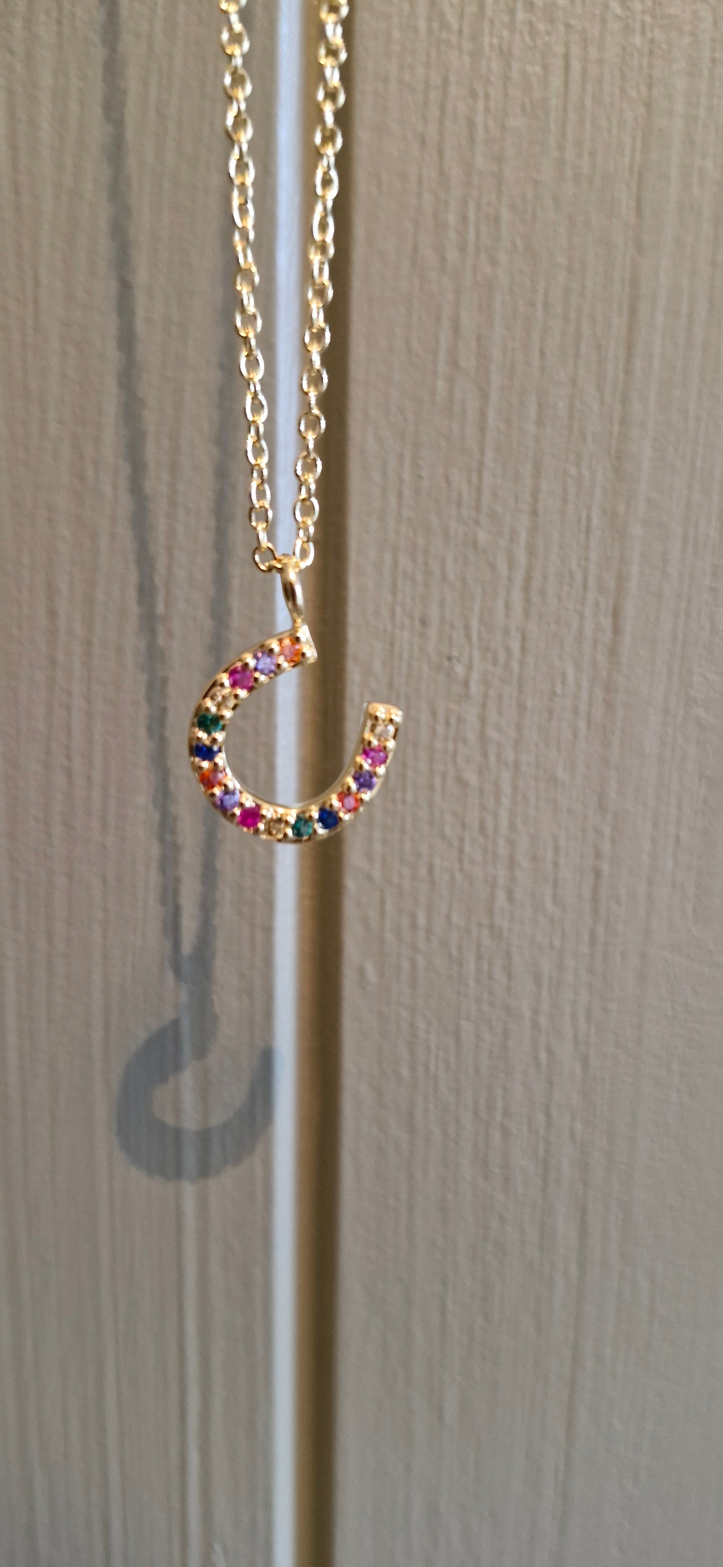 Rainbow Crystals & Gold Horseshoe Necklace