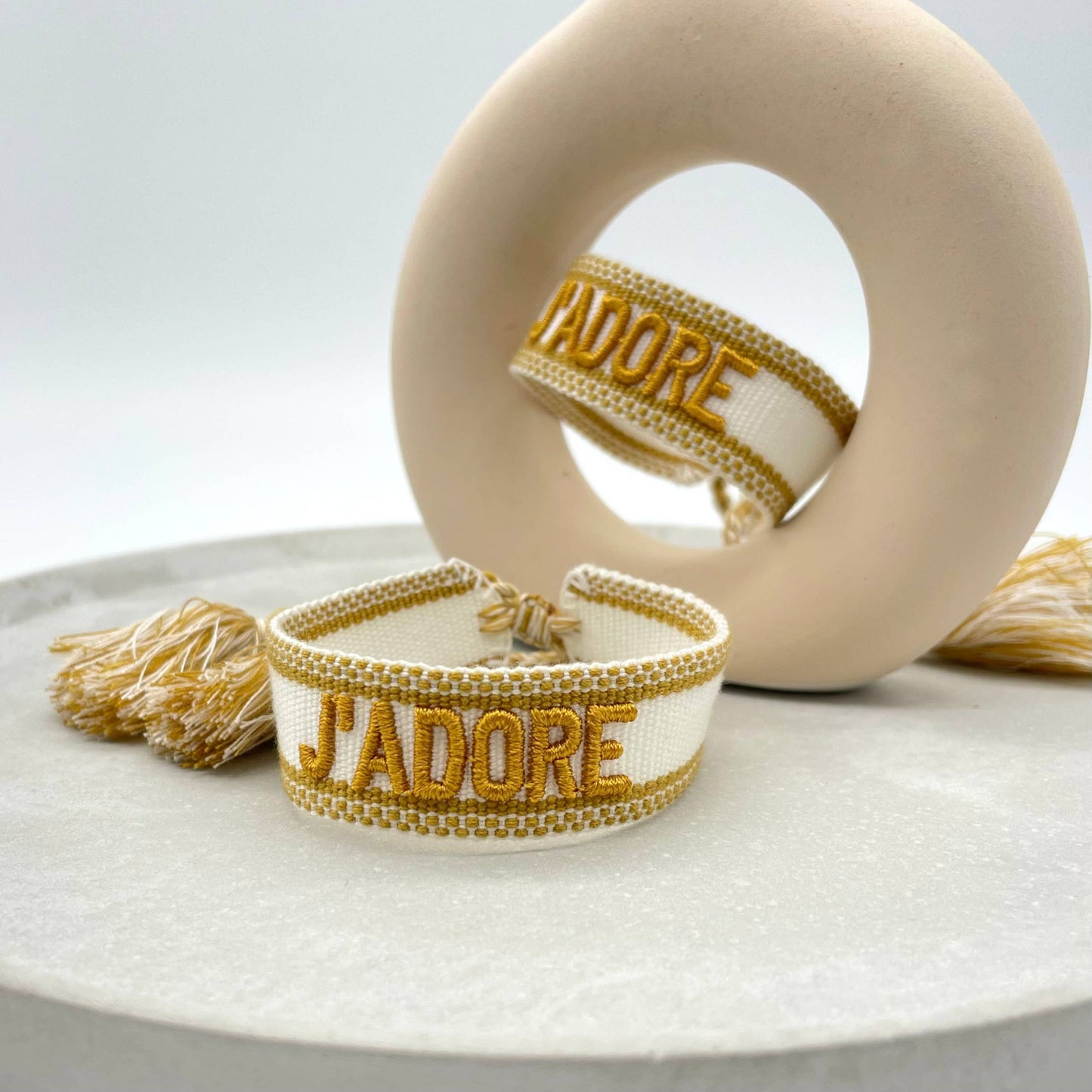 J'adore Woven, Embroidered Statement Bracelet