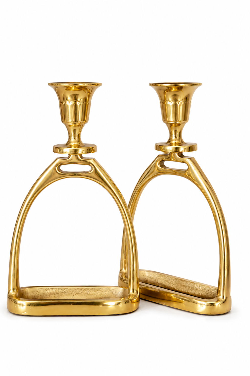 - Pair of gold Plated Stirrup Candlestick Holders