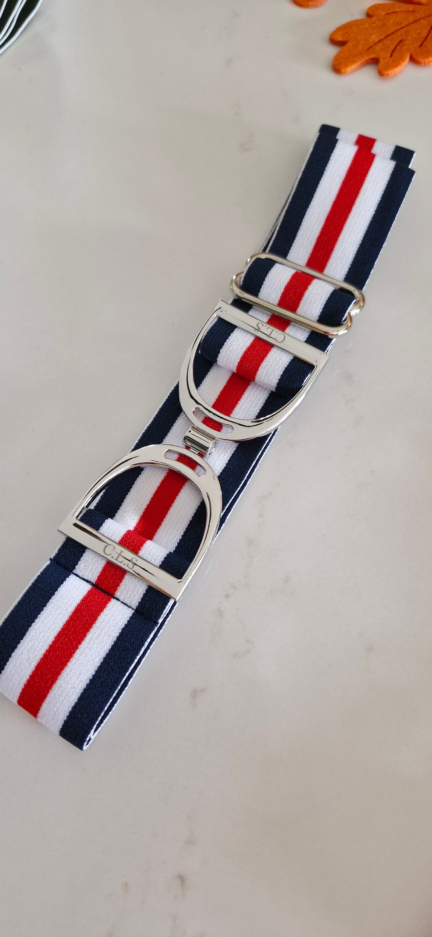 CLS Silver Stirrup Elastic Belt 1.5" Navy with Red & White Stripe