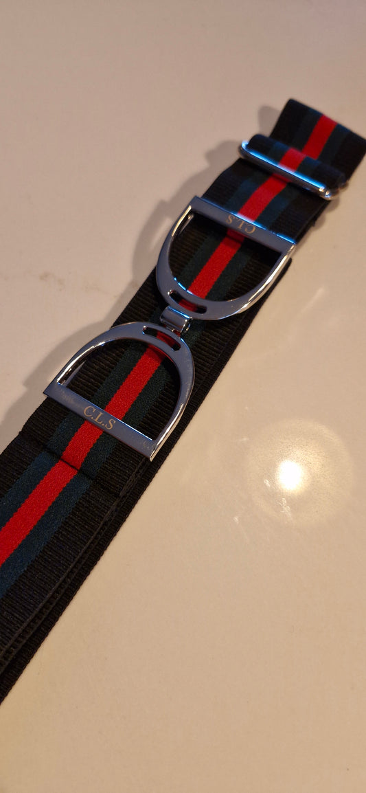 CLS Silver Stirrup Elastic Belt 1.5" Black with Green & Red Stripe