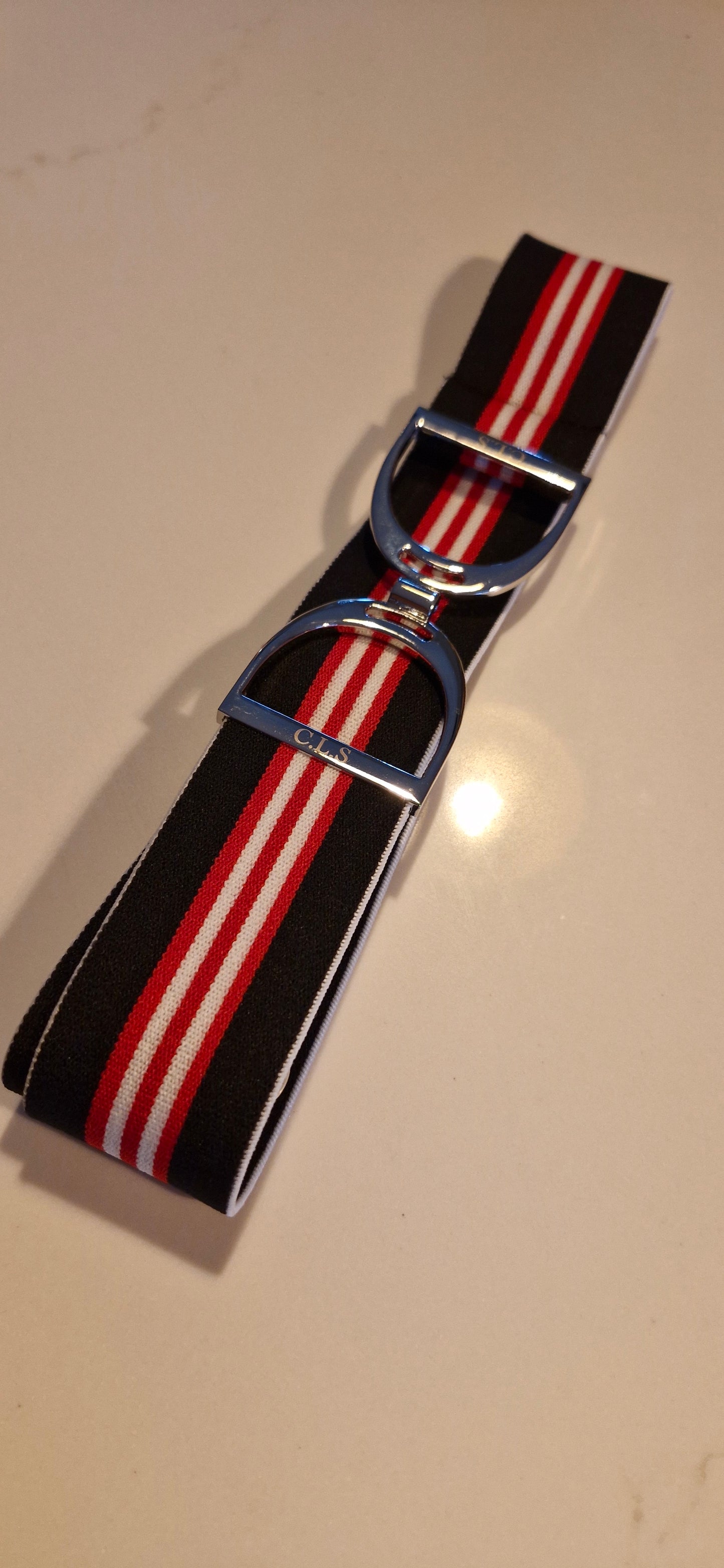 CLS Silver Stirrup Elastic Belt 1.5" Black with Triple Red Stripe