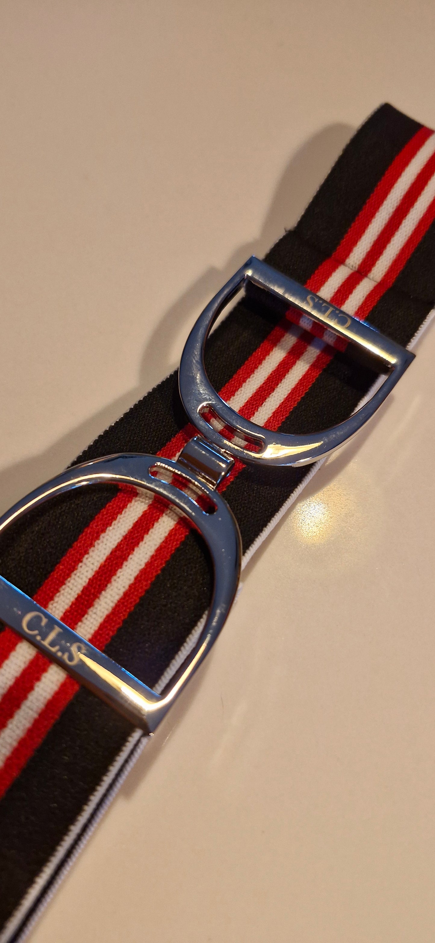 CLS Silver Stirrup Elastic Belt 1.5" Black with Triple Red Stripe