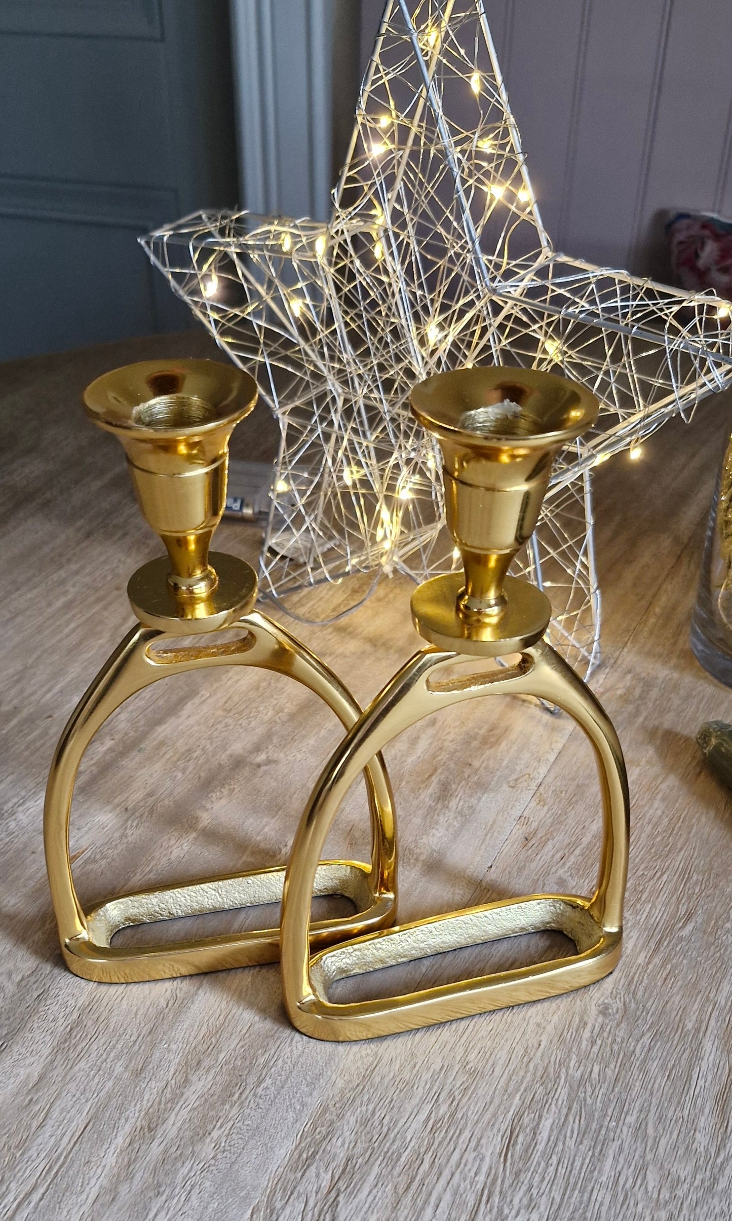 Pair of gold Plated Stirrup Candlestick Holders