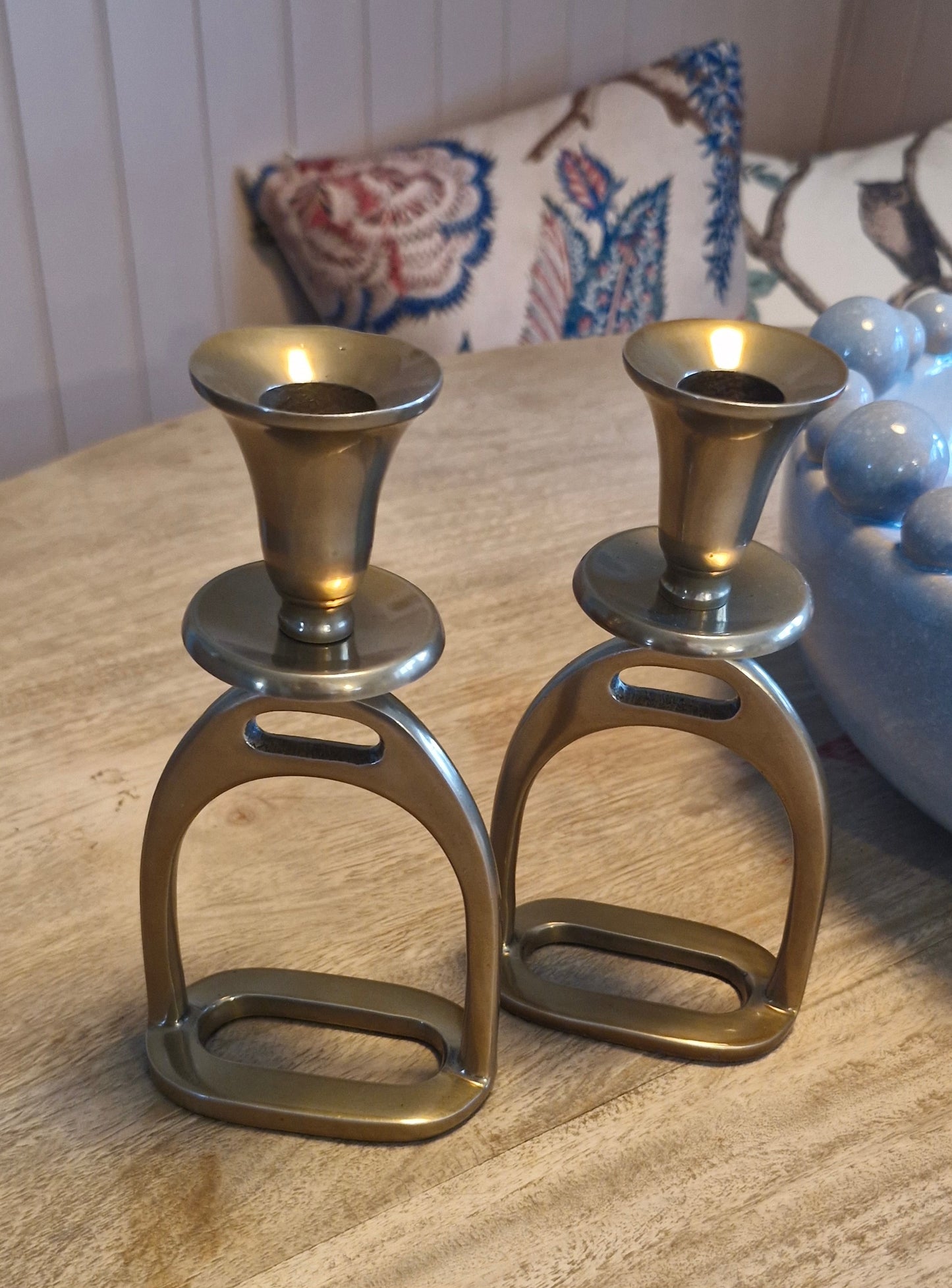 Small Antique Brass Stirrup Candlestick Holders - Pair