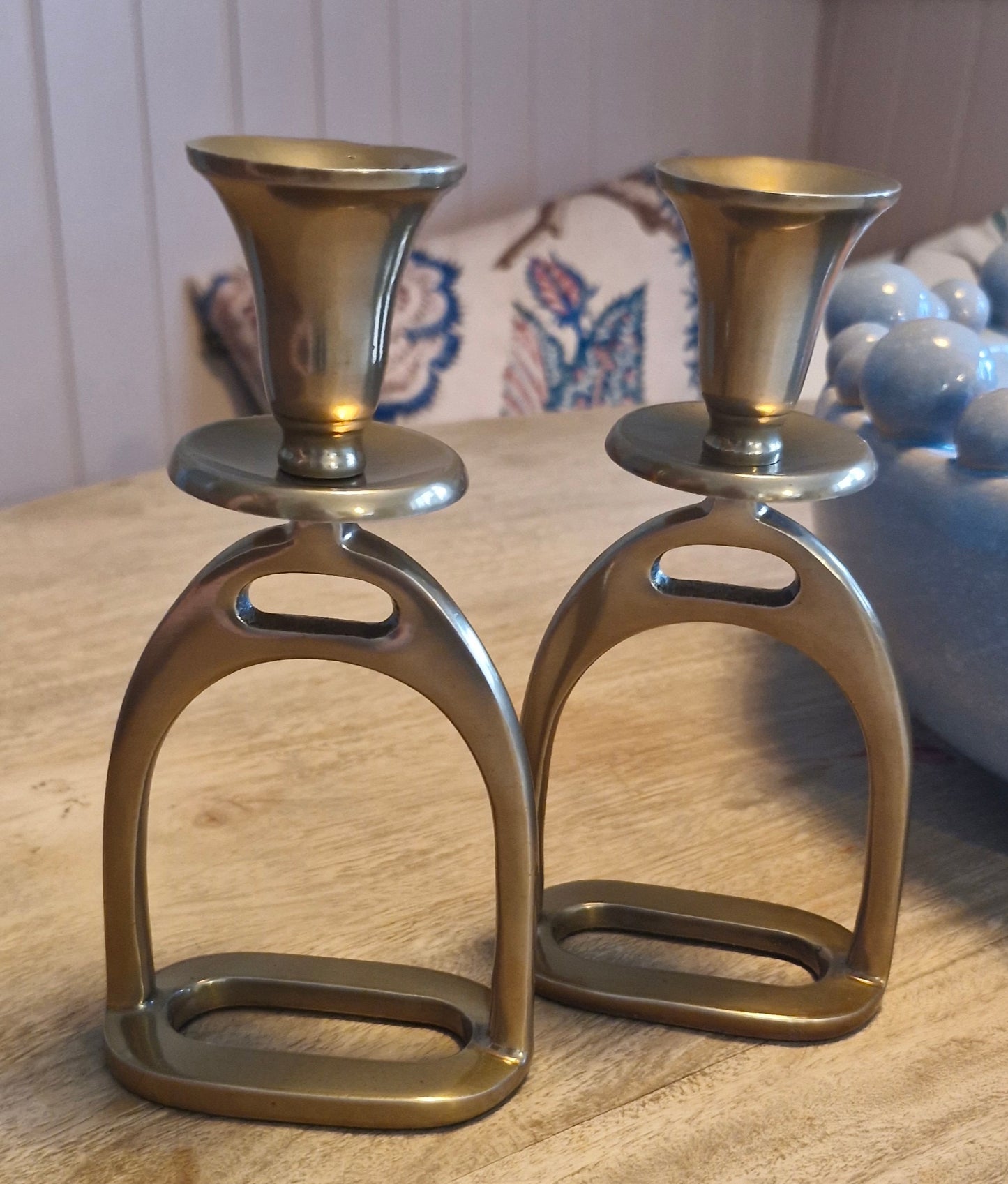 Small Antique Brass Stirrup Candlestick Holders - Pair
