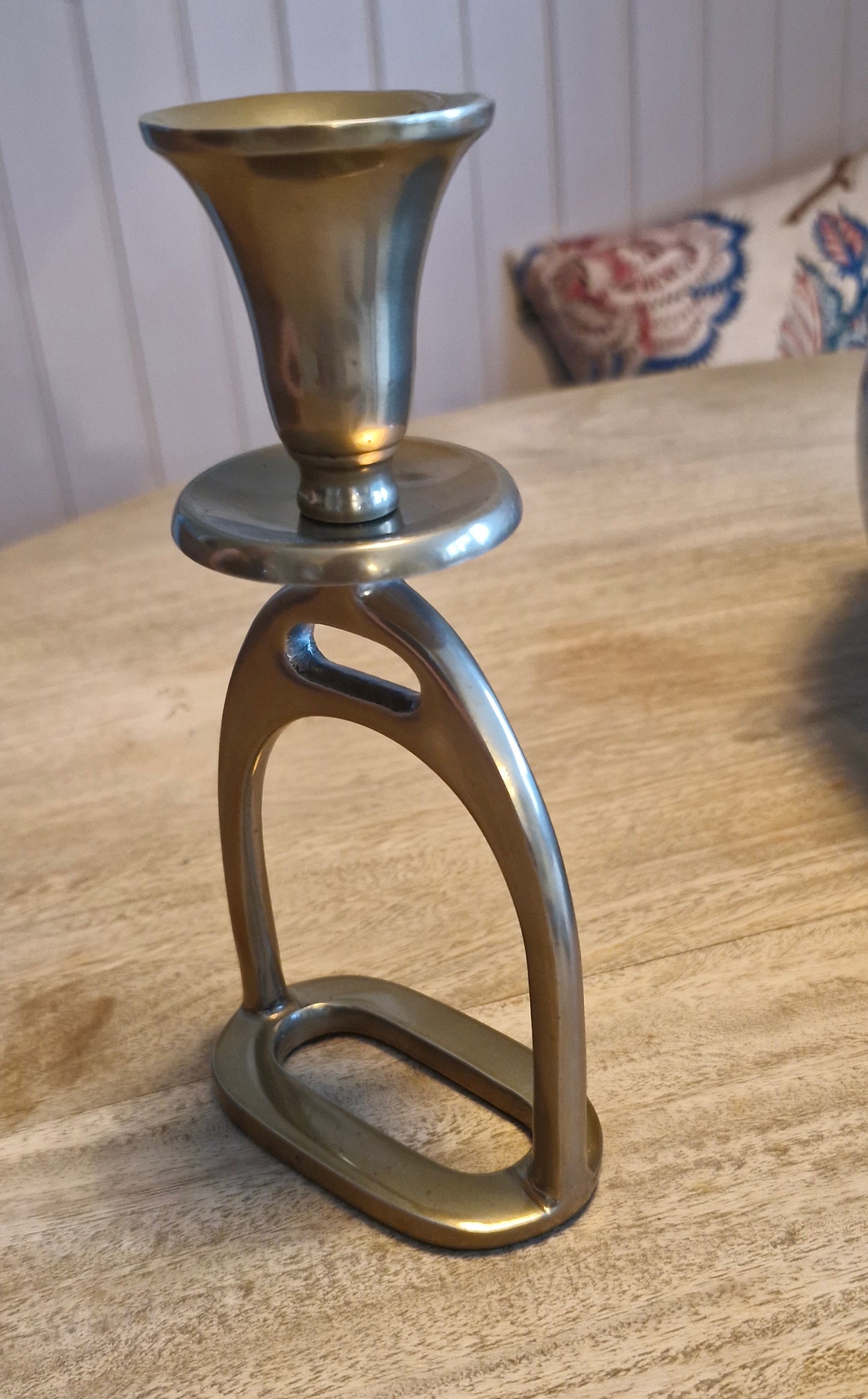 Small Antique Brass Stirrup Candlestick Holders - Pair