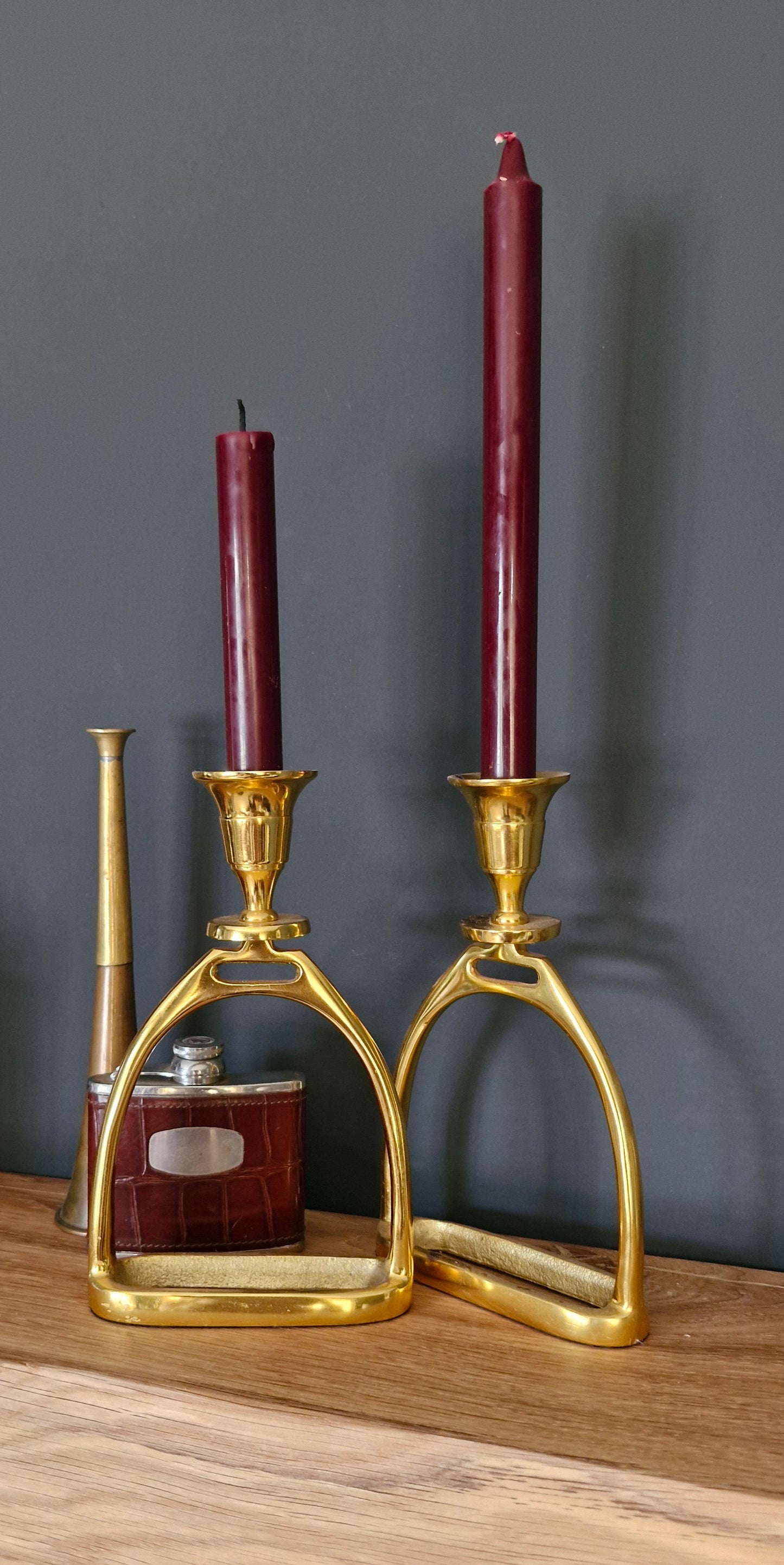 - Pair of gold Plated Stirrup Candlestick Holders